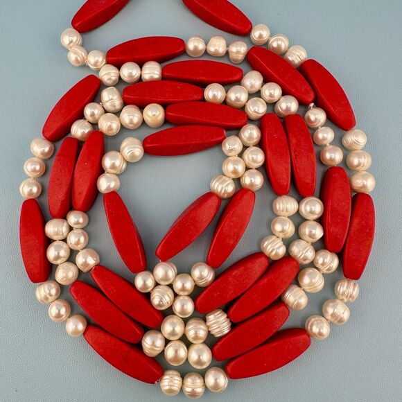 Estate Jewelry - Vintage Red Stone Genuine Pearl Necklace Flapper 64" Knotted Statement Heavy